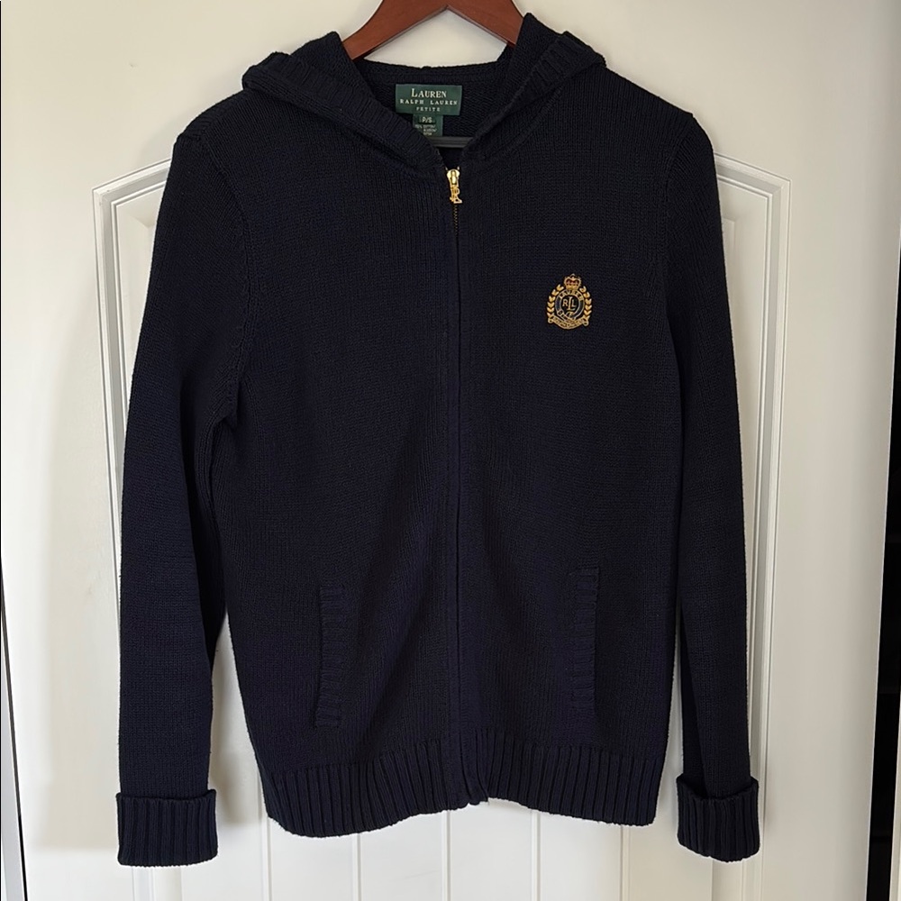 Vintage Ralph‎ Lauren Blue Crest Zip Cardigan Hoodie Sweater Womens Petite Small